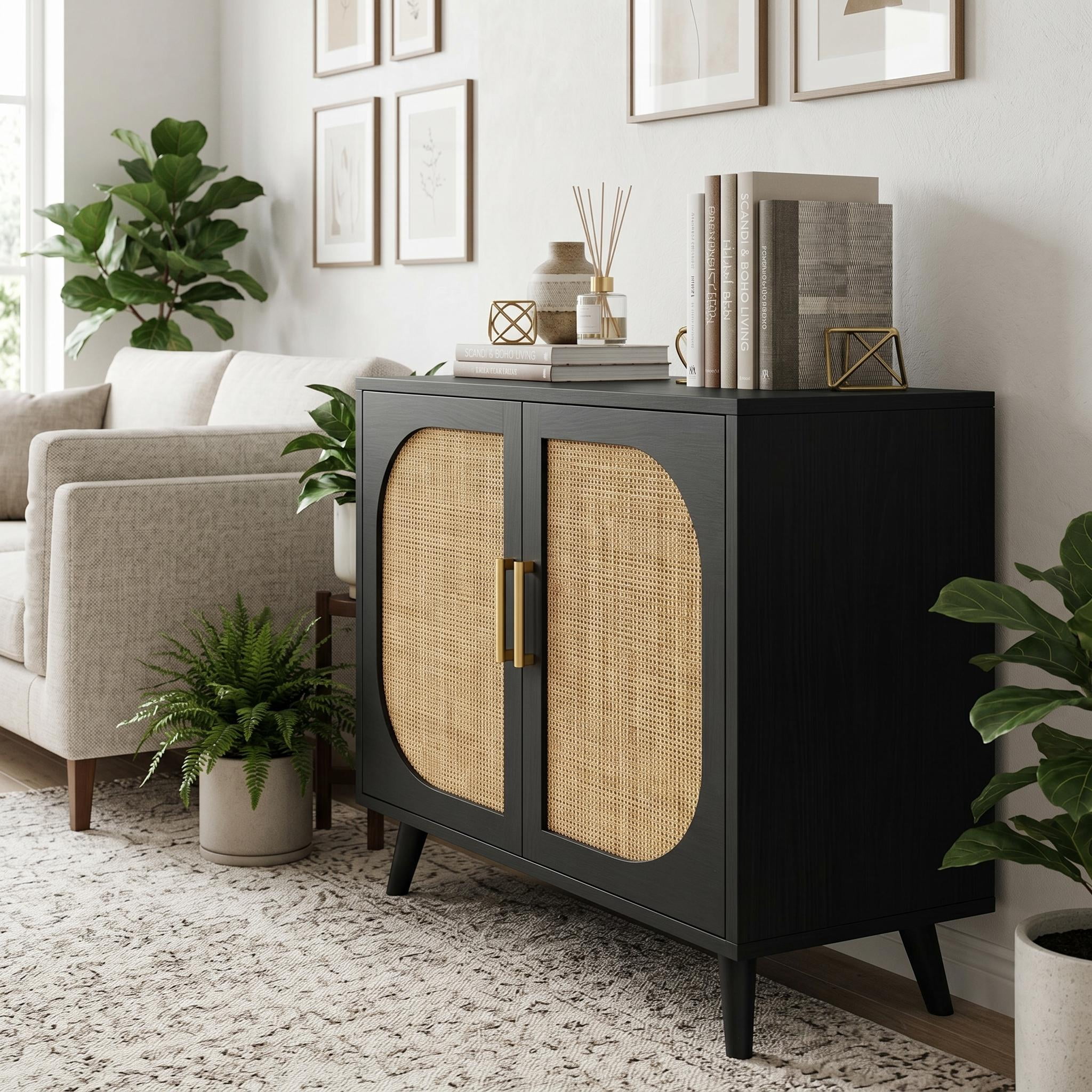 Homy Casa Accent Cabinet, 2-Door Rattan Storage Cabinet with Shelves, Black