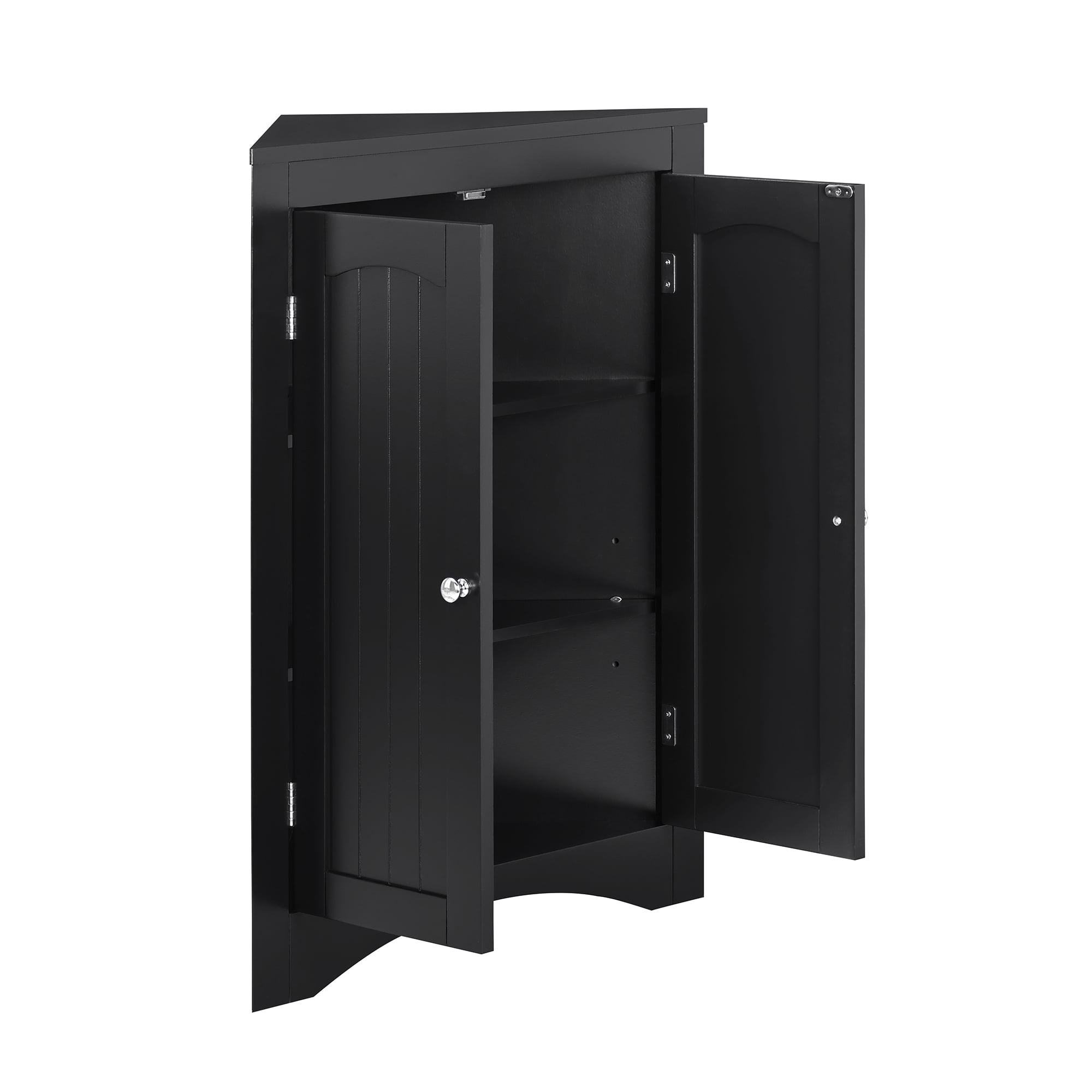 Floor Corner Cabinet with Doors and Shelves,Triangle Bathroom Storage Cabinet,Free Standing Storage Cabinet for Bathroom,Living Room,Black02