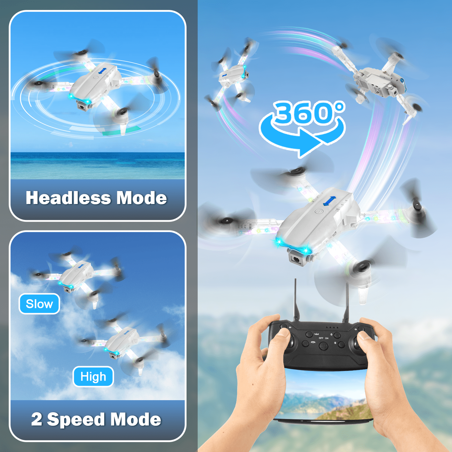Drone with HD Camera for Adults Kids, WIFI FPV RC Quadcopter with Colorful LED Lights, Foldable RC Drone with 3 Batteries, Carrying Case