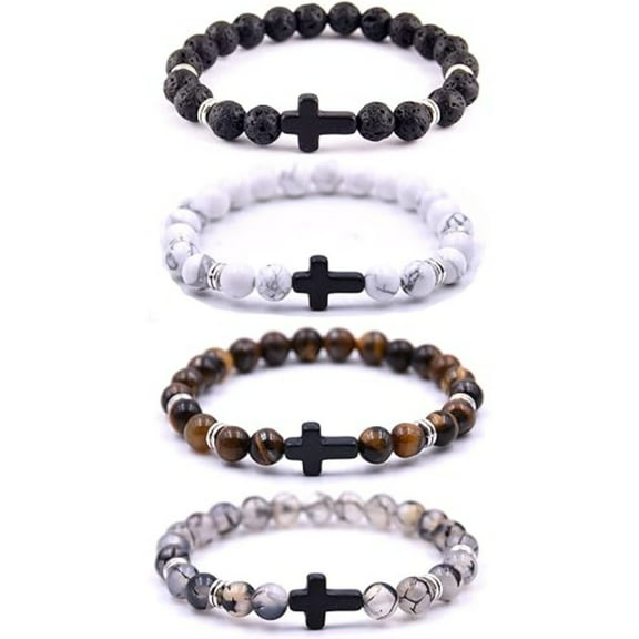 4PCs Lava Rock Essential Oil Bracelet Set, 8mm Beads with Stainless Steel Cross, Stretch Unisex Wristbands, Spiritual Gift for Christmas Birthday