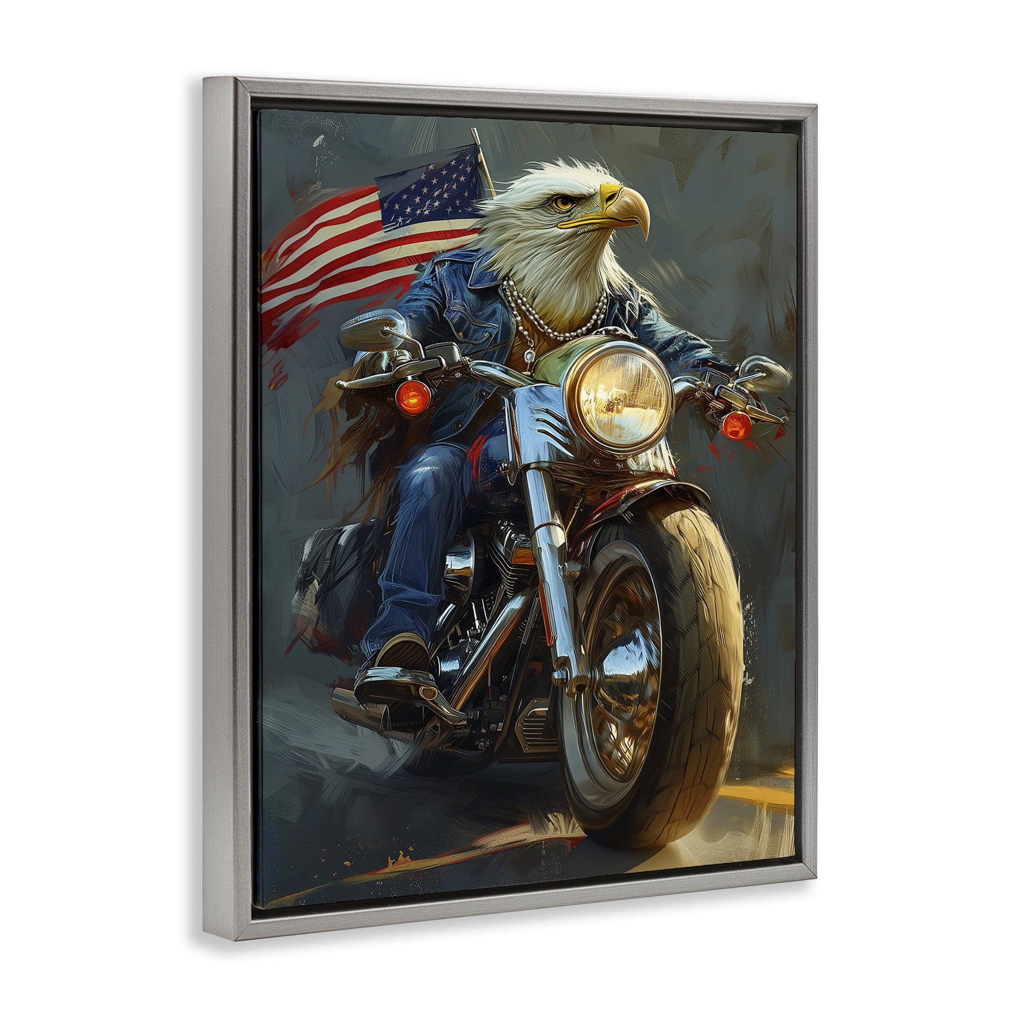 Stupell Industries Patriotic Eagle Motorcycle Transportation Painting Gray Floater Framed Canvas Art Print Wall Art, 25 x 31