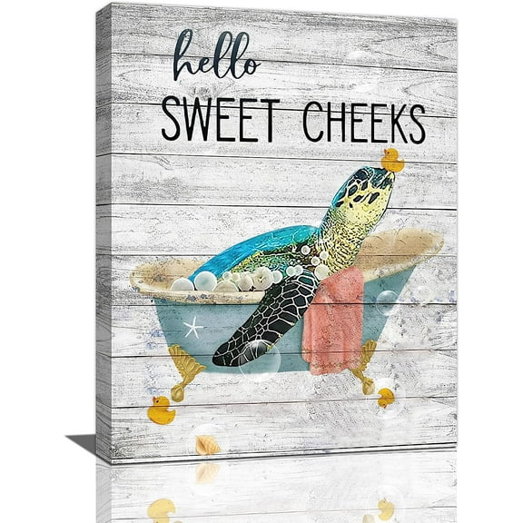 Sea Turtle Bathroom Wall Art Teal Sea Turtle Pictures Wall Decor Funny Sea Turtle in Bathtub Canvas Painting Print Artworks Coastal Beach Themed Ocean Animal Nautical Bathroom Decor Framed 12"x16"