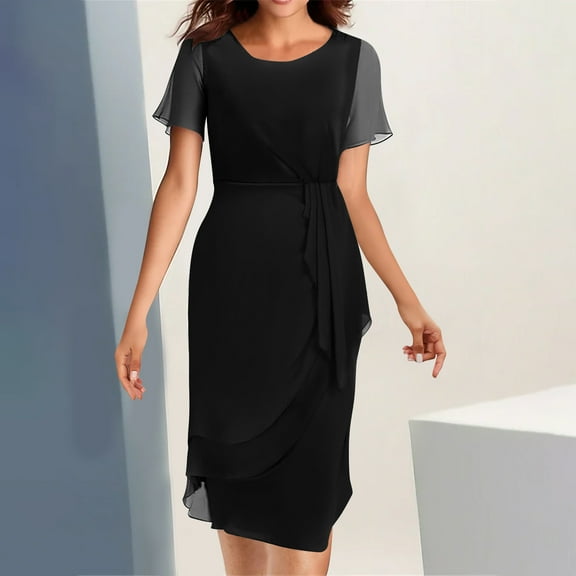 Homenesgenics Summer Dresses 2025 Women Sexy Solid Short Sleeve Round Neck Lace Mesh Waist Party Dresses Black XL