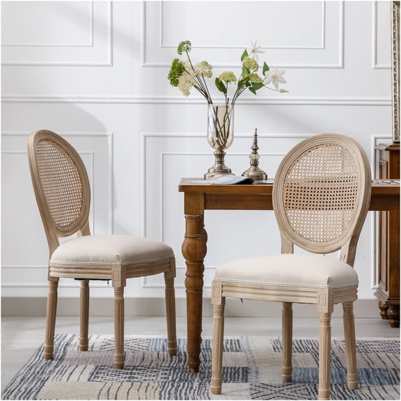 JERFIT French Country Dining Chairs Set of 2, Beige Upholstered Side Chairs with Rattan Back, Solid Wood Frame for Kitchen Dining Room