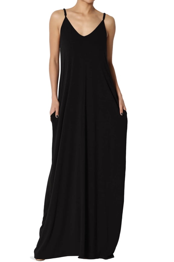 Women's Casual V-Neck Draped Jersey Cami Long Maxi Dress W Pocket Summer Beach Black 1X