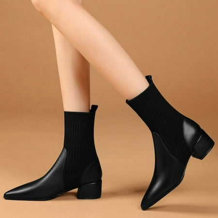 

Ankle Boots Fashion Autumn And Winter Women Ankle Boots Thick Heel Middle Heel Pointed Toe Stretch Fabric Warm Comfortable Solid Color Casual Style