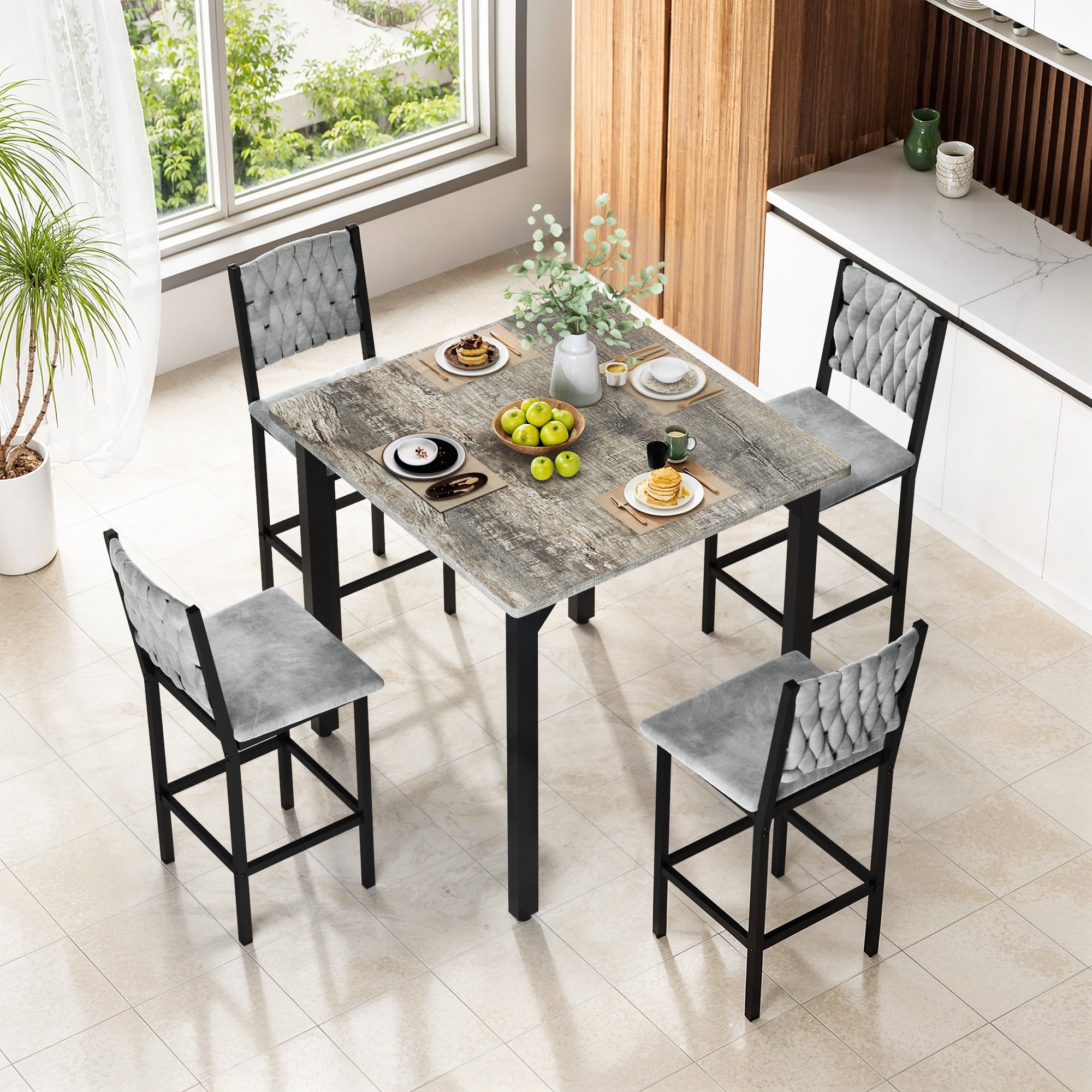 MIERES Wooden Kitchen Table and Chairs Set for 4, 36 Inch Dining Room Set for 4 with 4 Velvet High Back Support Chairs for Small Spaces, Gray