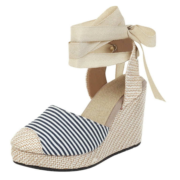 Women Bohemian Canvas Lace Up Sandals Thick Soled Ethnic Style
