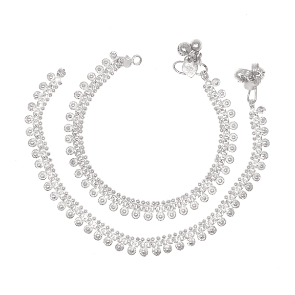 Duel On Jewel Silver-Finish Curved Coin-Accented Anklet Payal Pair with Soft Bell Chimes, 9.5-Inch Length, S-Hook Clasp, Traditional Indian Jewelry for Weddings, Dance, Beach, and Gifting