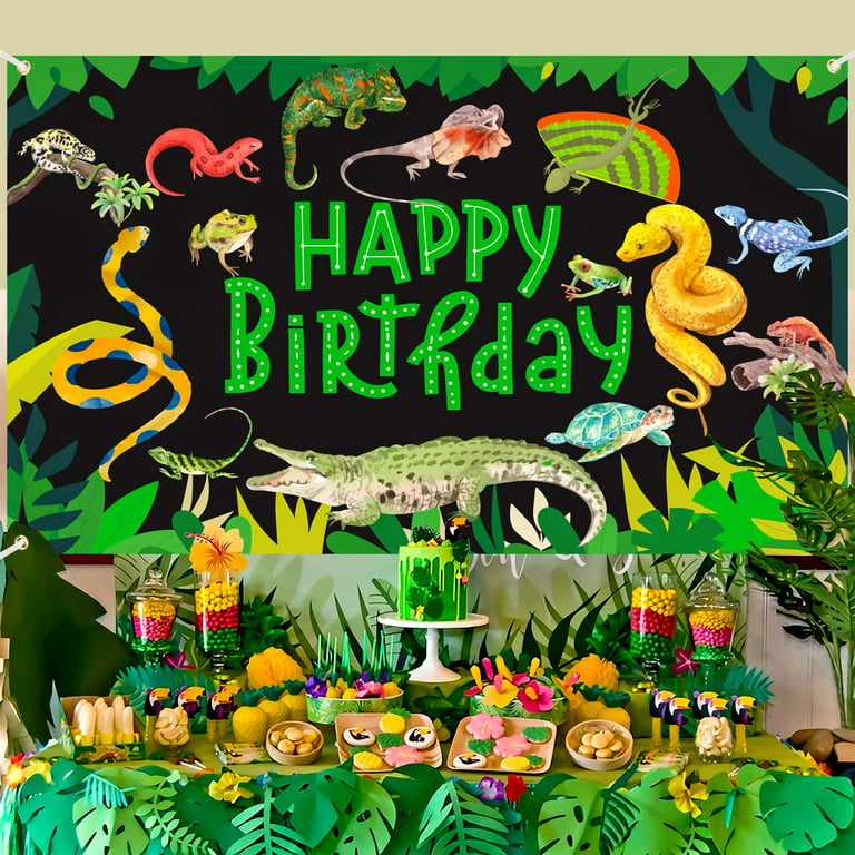 Reptile Swamp Happy Birthday Banner Backdrop Jungle Wild One Party