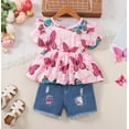 thumbnail image 4 of PatPat Toddler Girl Clothes 2pcs Butterfly Print Ruffled Top and Ripped Denim Shorts Outfit Sets, Pink, 5-6 Years, 4 of 6