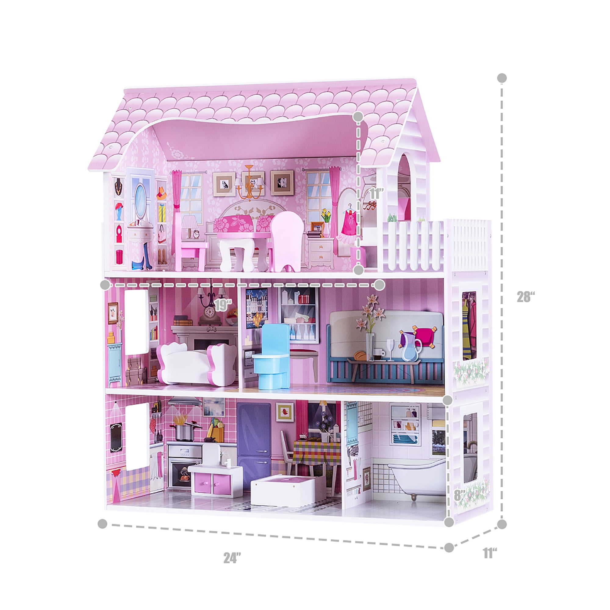 Gymax 28'' Pink Dollhouse w/ Furniture Rooms 3 Levels Young Girls Toy