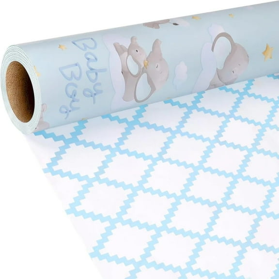 LaRibbons 17" X 33' Reversible Wrapping Paper | Blue Elephant w/ Blue Quilted
