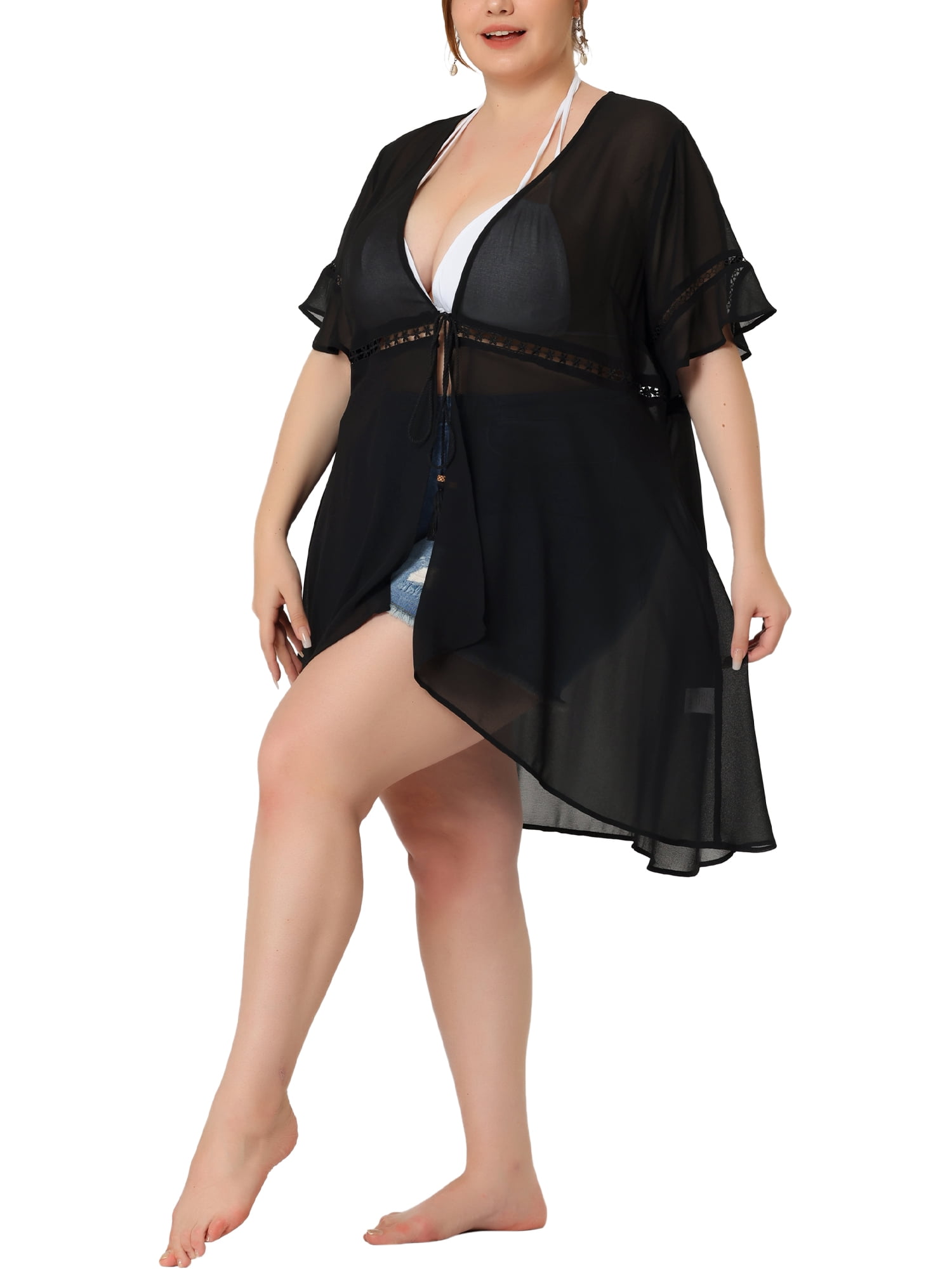 Unique Bargains Women's Plus Size Sheer Ruffle Short Sleeve Midi Summer Cardigans