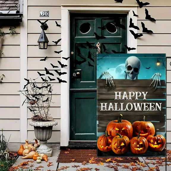 MIZHONA Halloween Skeleton Garden Flag Outside Skull Pumpkin Outdoor Yard Flag Double Sided Burlap 12"x18"