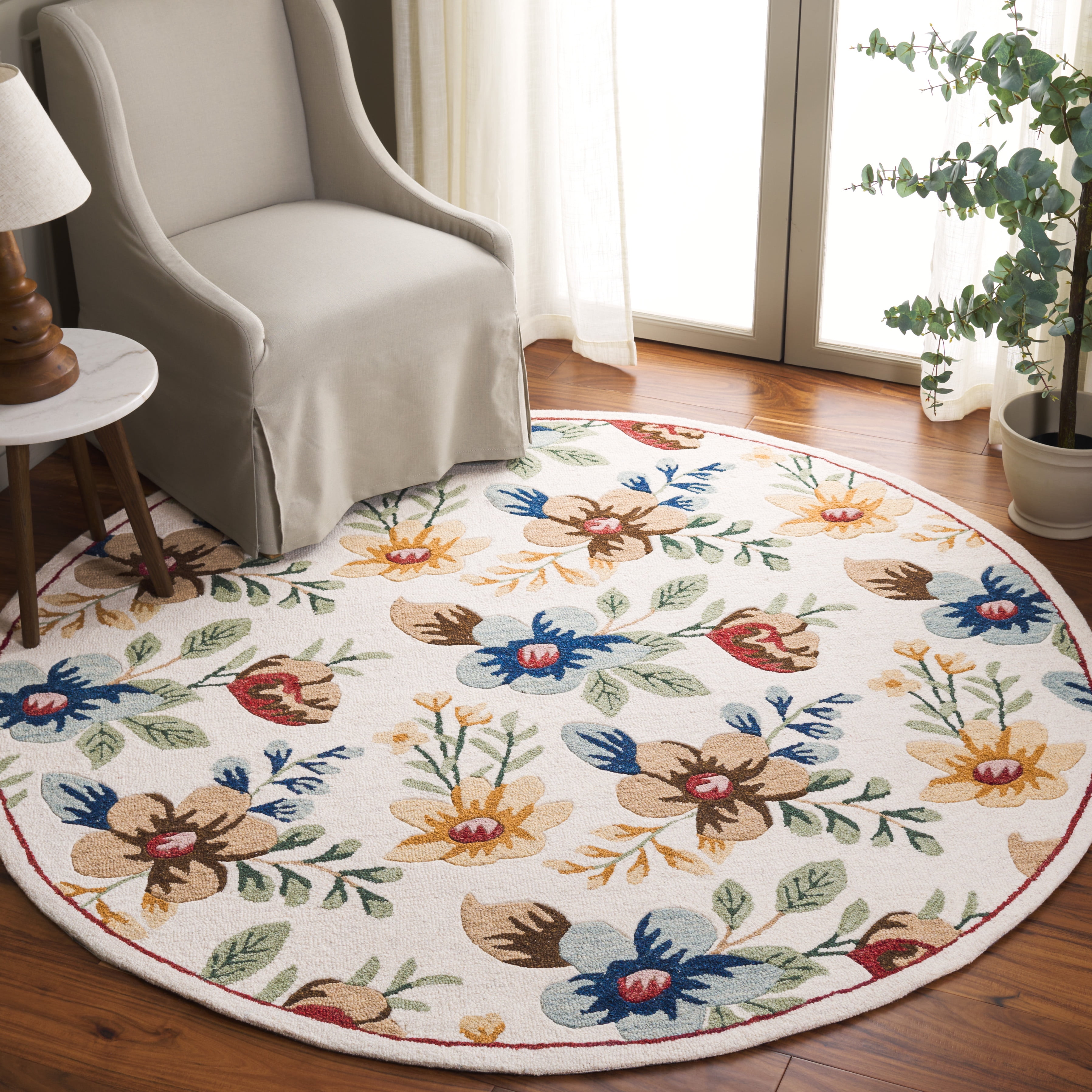 SAFAVIEH Blossom Derren Floral Area Rug, Ivory/Blue, 6' x 6' Round