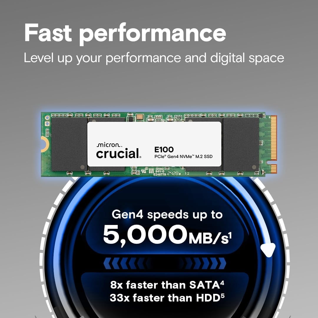Crucial CT2000E100SSD8 E100 2TB M.2 NVMe PCIe Gen4 Internal SSD, Up to 5,000MB/s, Laptop & Desktop Compatible