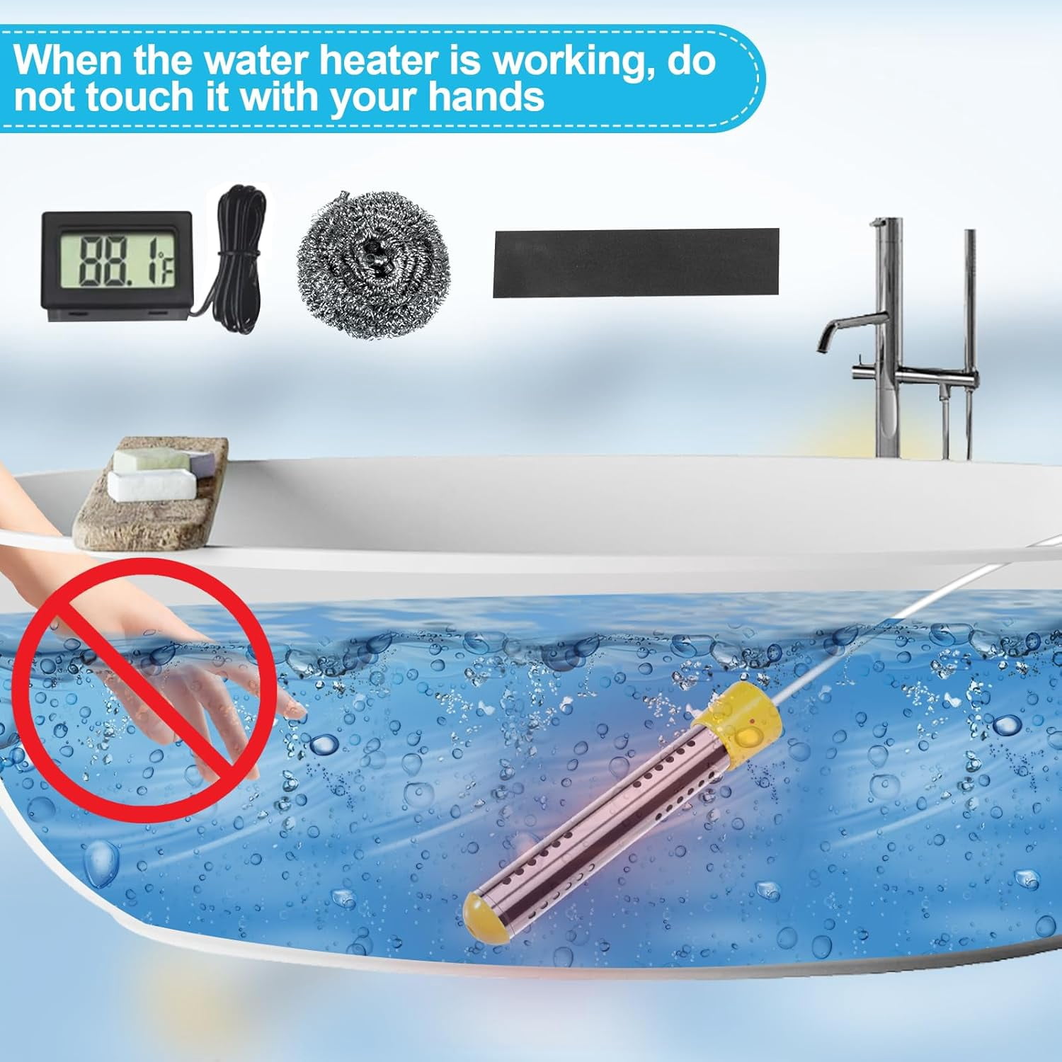 LASIEYO Immersion Water Heater, 2000W Electric Bucket Heater, Stainless-Steel Portable Submersible Water Heater with LCD Thermometer & Wool Scrubber Auto Shut-Off for Inflatable Pool Bathtub, Basin