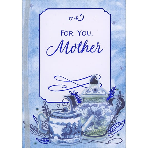 Designer Greetings Blue Die Cut 3D Teapots, Blue Foil, Blue Gems, Clear Gems and White Ribbon Hand Decorated Mother's Day Card for Mother