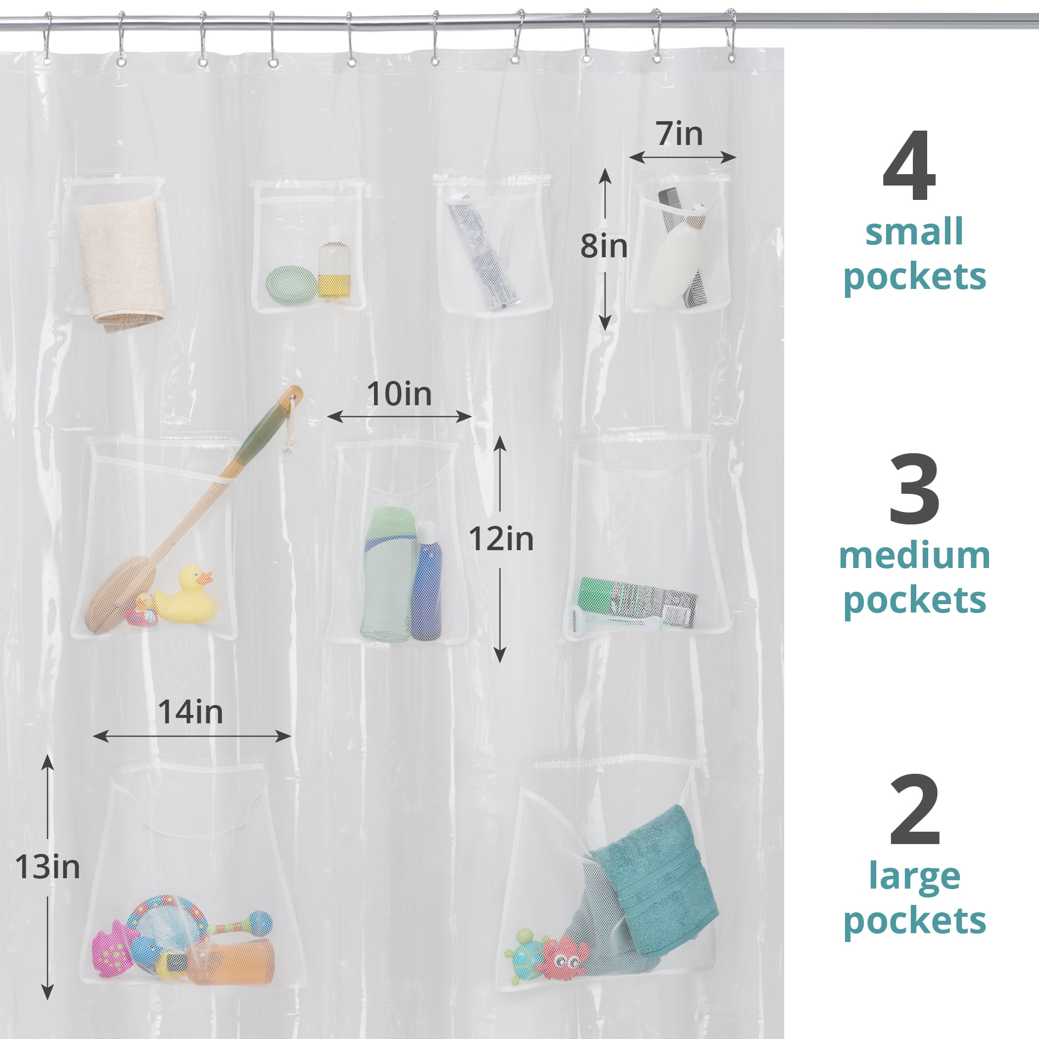 Clear Peva Shower Curtain With 9 Mesh Storage Pockets 70 X 72 Zenna Home Com