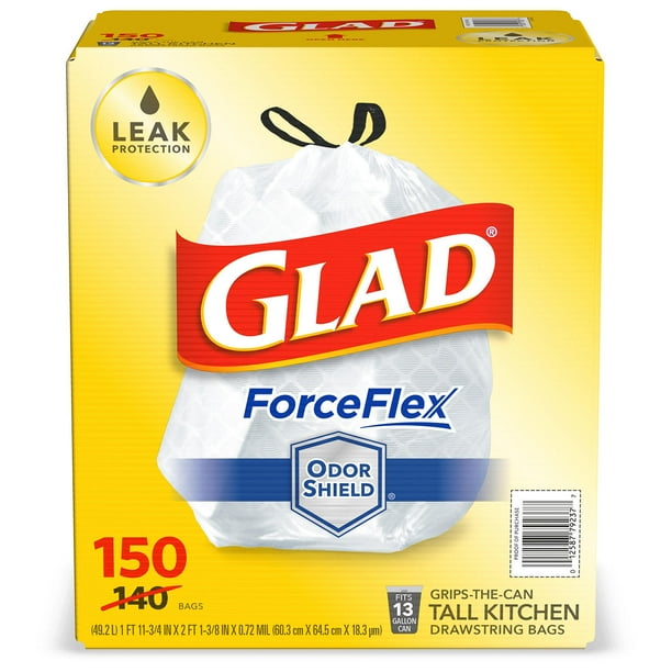 Glad ForceFlex Tall Kitchen 13 Gallon Drawstring Trash Bags Plastic 150