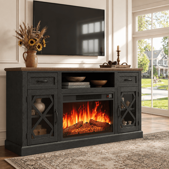PAPROOS 59" Fireplace TV Stand for TVs up to 65", Farmhouse Entertainment Center with 23" Electric Fireplace, 2 Drawers, X-Glass Cabinets & Open Shelf, Black and Brown