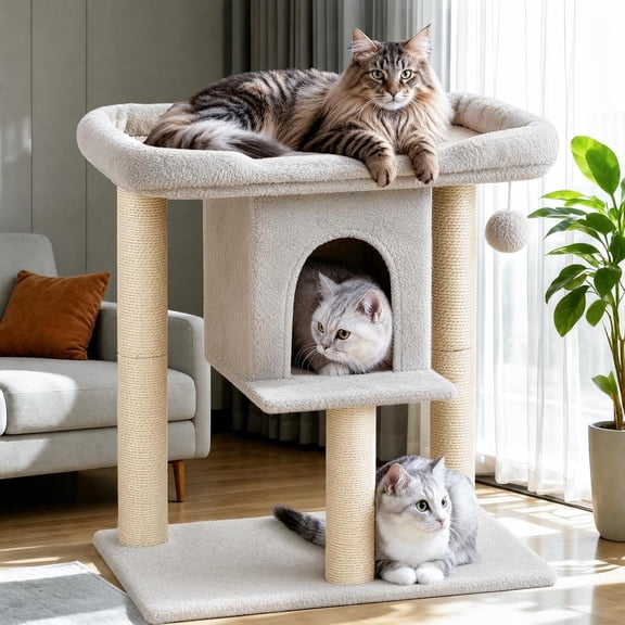 Generic, Cat Tree Tower Scratching Post for Indoor Large Adult Cats with Perch Bed, 28 inch, Light Grey