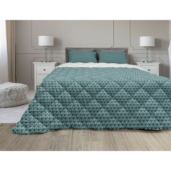 Damask Comforter & Sham Bedding Set, Abstract Repetitive Floral Motifs in Cold Tones Geometric Design Art Deco Print, 3 pcs Duvet Set Microfiber Filling Quilt, 5 Sizes, Teal Pale Blue, by Ambesonne