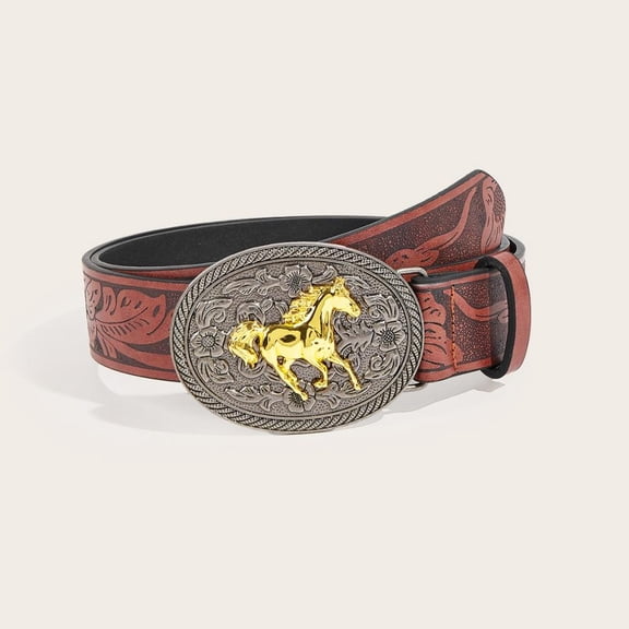 Y2 Fashion Jeans Belt with Gold Horse Carved Buckle PU Leather Floral Printed Belt Retro Women Men's Belts Western Cowboy Waistband