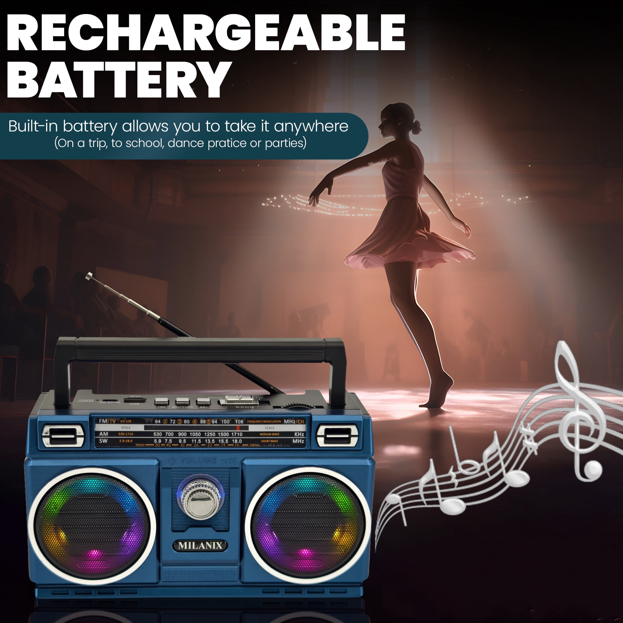 Small AM/FM Radio Portable Rechargeable Battery Operated with Bluetooth, USB, Best Reception, Longest Range, Tuning, Lights, Transistor, Indoor and Outdoor, Emergency Use (Midnight)