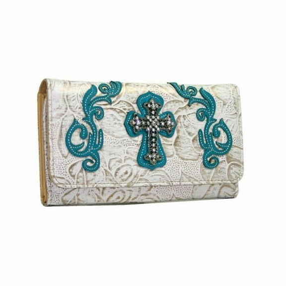 WC99-WT-TQ Western Rhinestone Bling Cross Trifold Wallet - White & Turquoise Trim