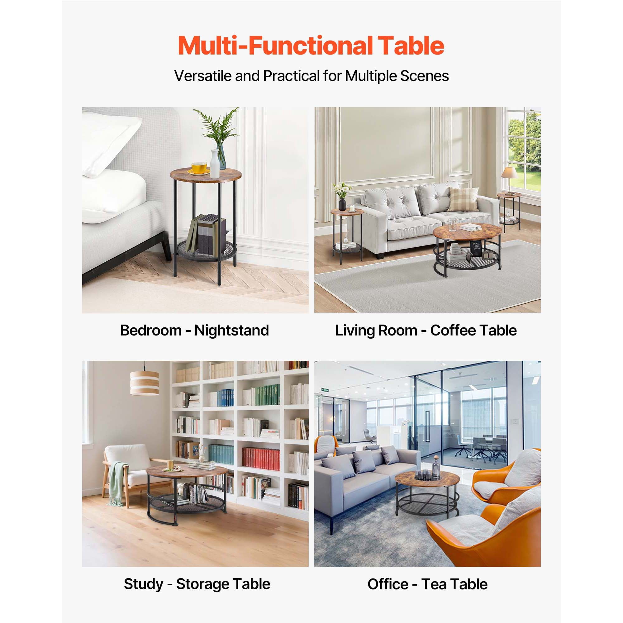 KFFKFF 3-Piece Round Coffee Table Set, 31.5-Inch Industrial Style Table with Two Side Tables, Easy-to-Assemble Metal-Leg Design for Living Room, Office, or Apartment