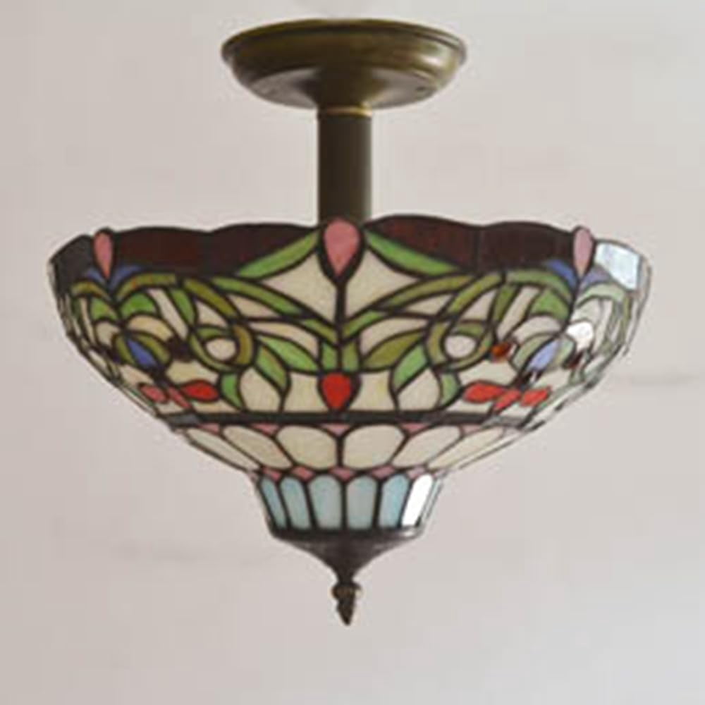 Kiven 13.8in Plug-in Flush Mount Ceiling Light Fixture, 3-Light Anti Glare Close to Ceiling Light with 15FT Cord, Tiffany-Style Glass Chandelier Dimmable for Bedroom Kitchen Hallway(No.3211)