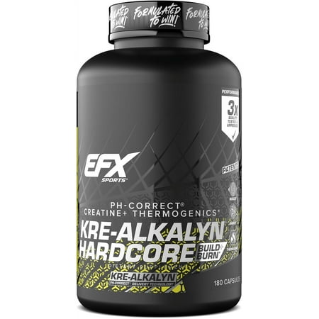 EFX Sports Kre-Alkalyn Hardcore , Thermogenic pH Correct Creatine Monohydrate Pill Supplement , Energy & Strength Pre Workout , 60 Servings, 180 Capsules 180 Count (Pack of 1)