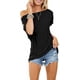 thumbnail image 5 of Blusa de manga corta con botones y hombros descubiertos para mujer, estilo informal, holgada, con alas de murciélago, 5 of 5
