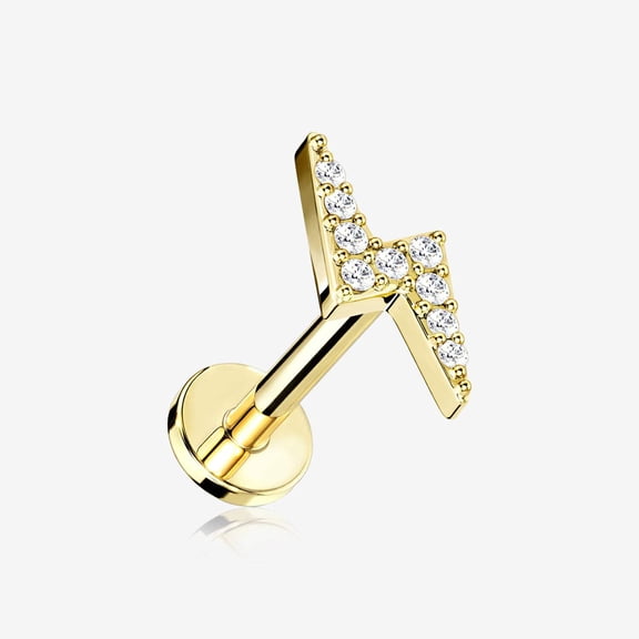 Golden Lightning Bolt Sparkle Top Internally Threaded Steel Flat Back Stud Labret