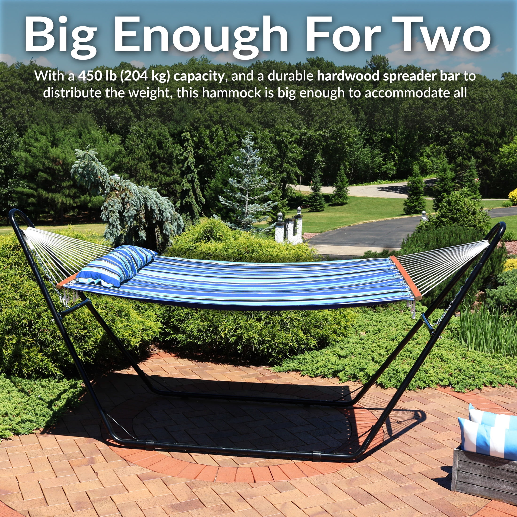 Sunnydaze 2-Person Quilted Polyester Spreader Bar Hammock with Stand, 450 lb Capacity - Misty Beach