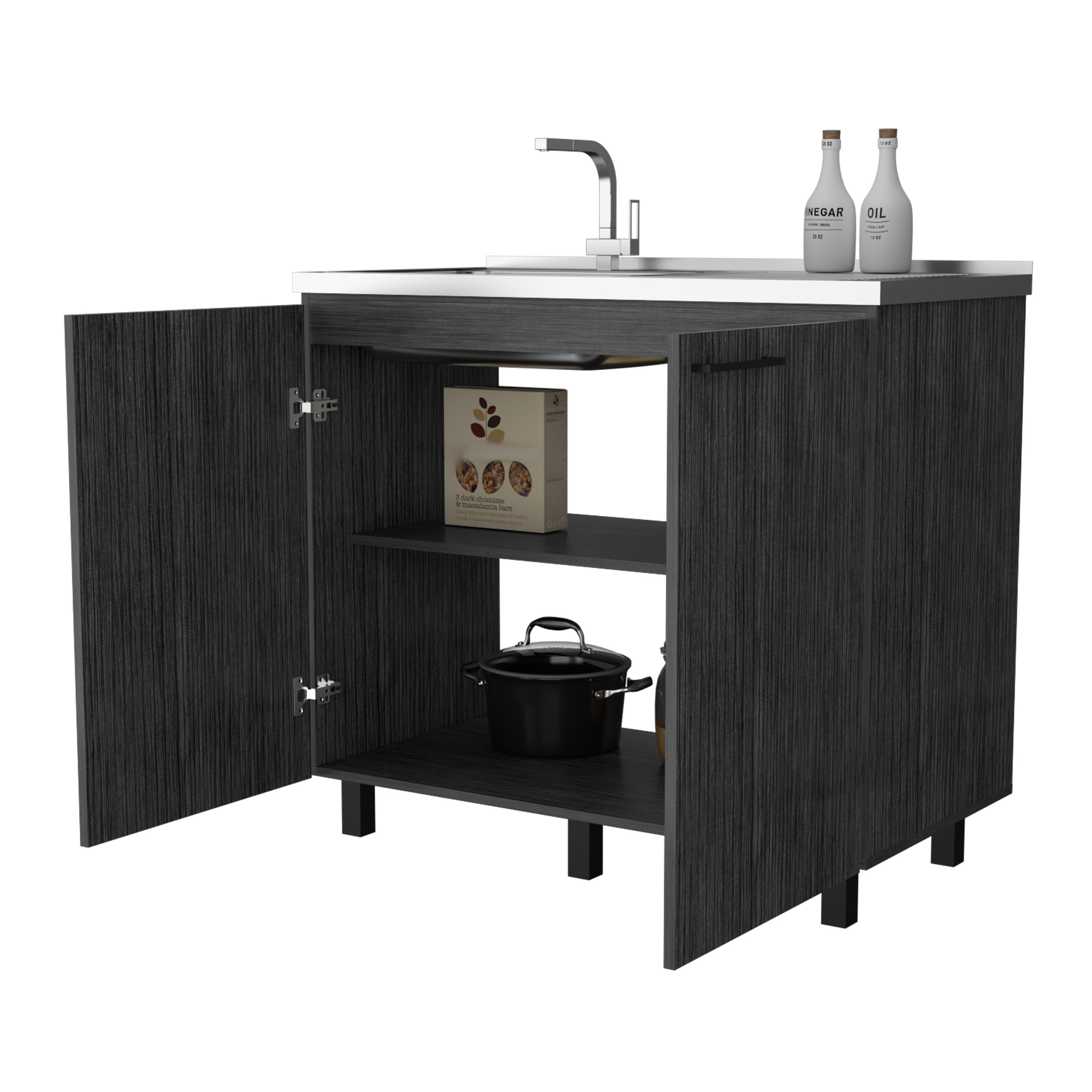 Izzovium FM FURNITURE Oklahoma 2 Utility Sink & Cabinet with Stainless Steel Countertop, Smokey Oak Finish, 20.67"L x 39.37"W x 35.04"H, Gray