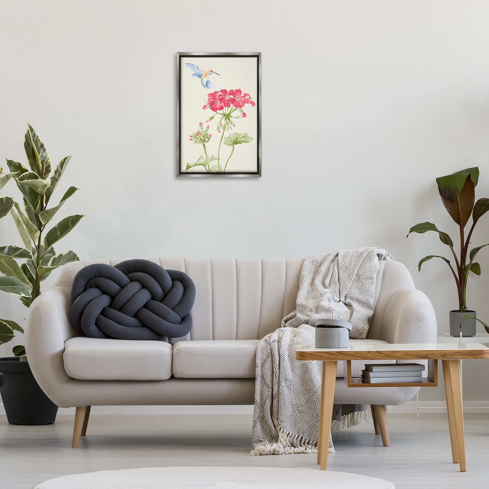 Stupell Industries Geraniums & Hummingbird Botanical & Floral Painting Gray Floater Framed Art Print Wall Art, 17 x 25