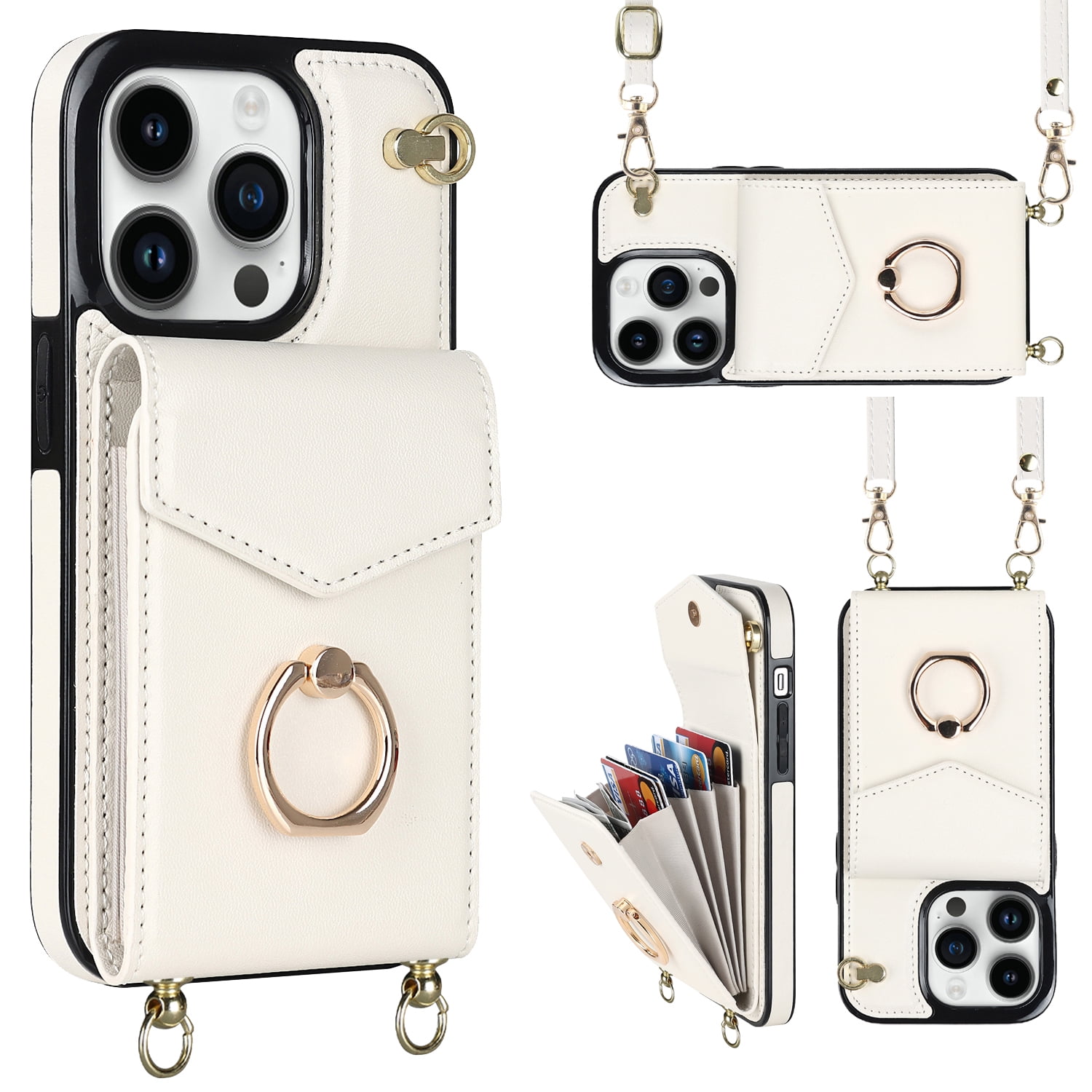 Nalacover Wallet Case for iPhone 11 Pro Max, PU Leather Shoulder Strap  Lanyard Crossbody Back Card Slot Bag Magnetic Cover with RFID Blocking Ring  Holder Kickstand Soft TPU Bumper Case,White 