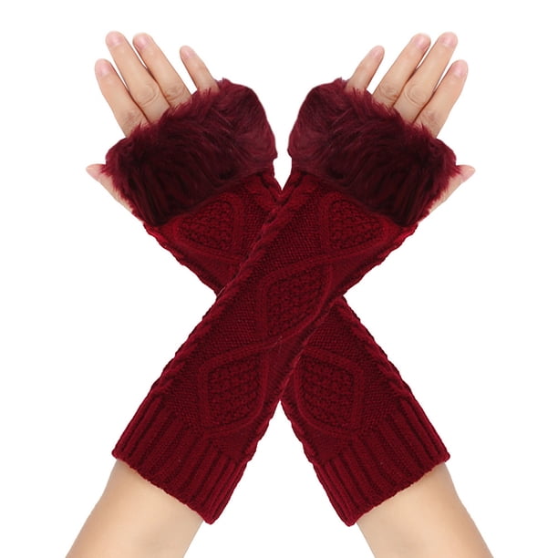 Guantes de lana de punto con rombos para mujer, cálidos y versátiles, con mangas de medio dedo y mangas extendidas sin dedos para invierno.