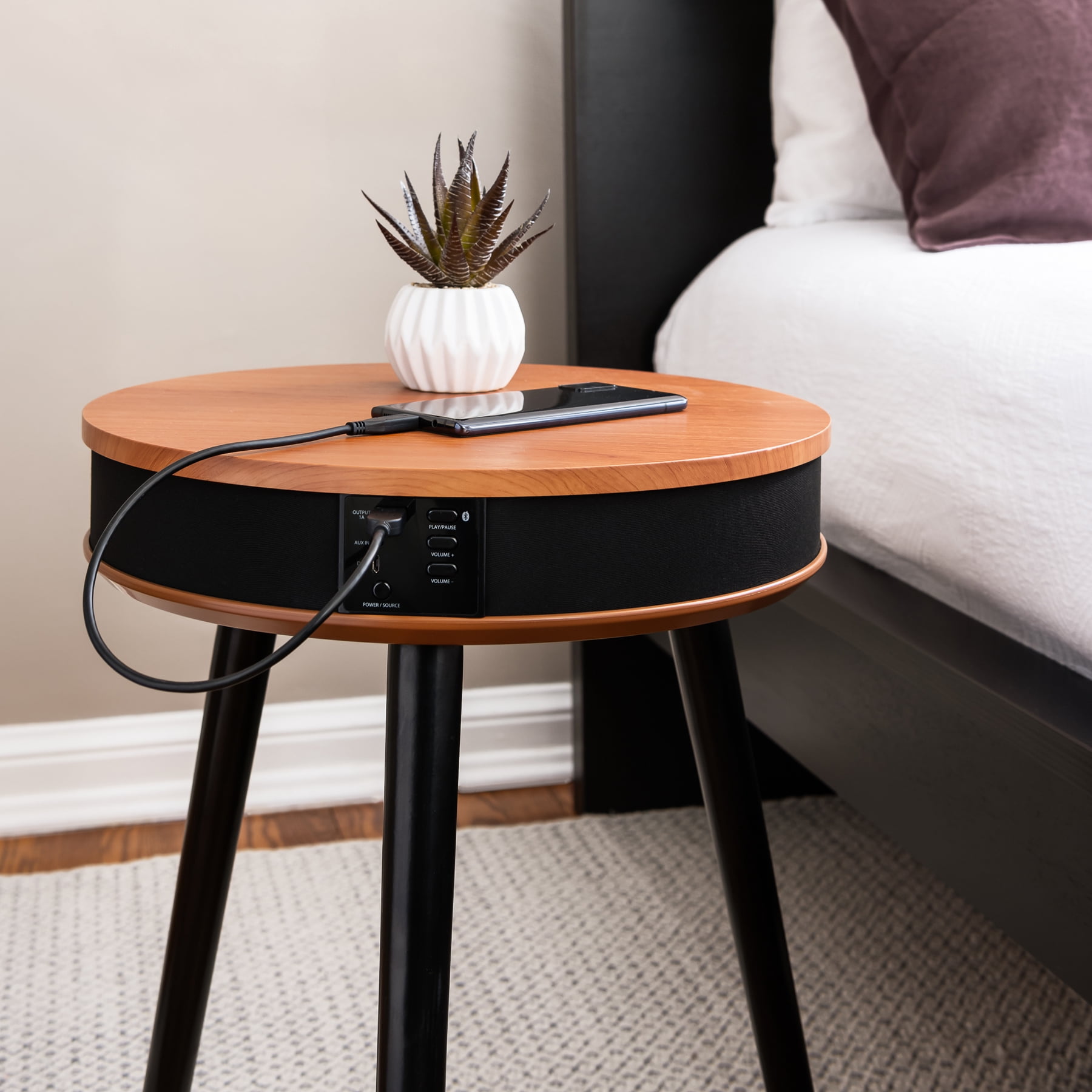 DecorTech Round End Table with Bluetooth Speaker and USB Charging Port, Walnut