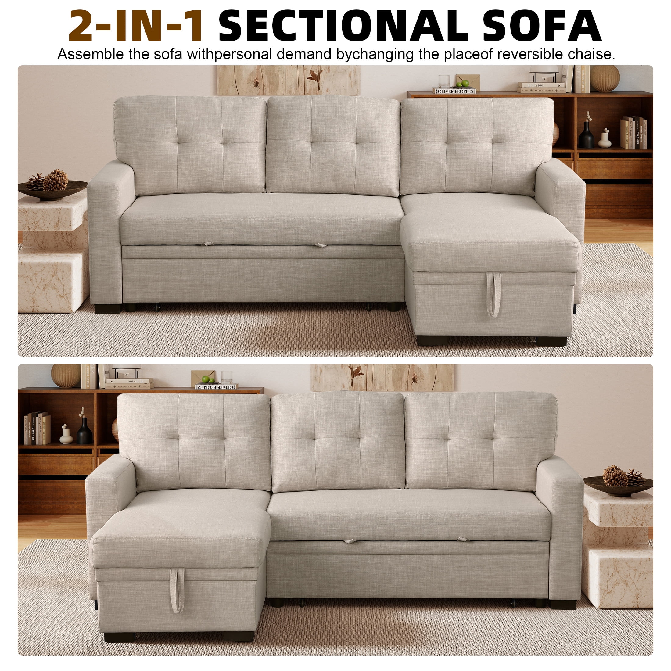 Aukfa Premium Pull-Out Sleeper Sofa Bed with Storage Chaise, Contemporary 3-Seater Couch for Living Room, Beige