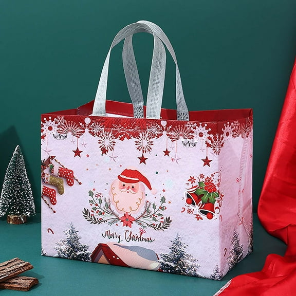 Christmas Cartoon Laminated Non-Woven Tote Bags with Handles, Reusable Eco-Friendly Grocery Shopping Bags, Multipurpose Gift Bags for Holiday Parties & Shopping Trips, 12.6*6.7*9.8in, 71.1in/180cm