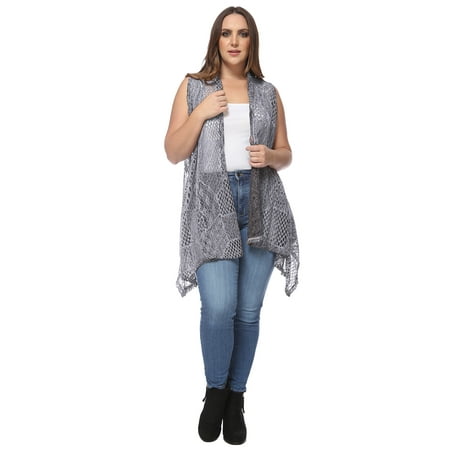 Women s Plus Size Bohemian Open Front Crochet Bikini Cover Up Sleeveless Draped Shawl Kimono Vest  Grey  X-Large/XX-Large