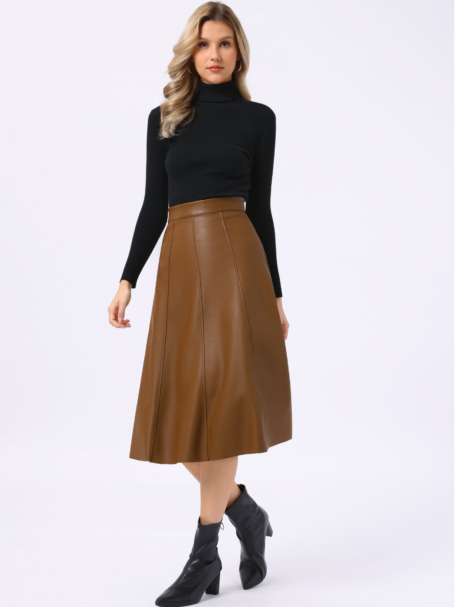 DARING DIVA Women's Vintage A Line Faux PU Leather Midi Skirts Small Khaki Brown