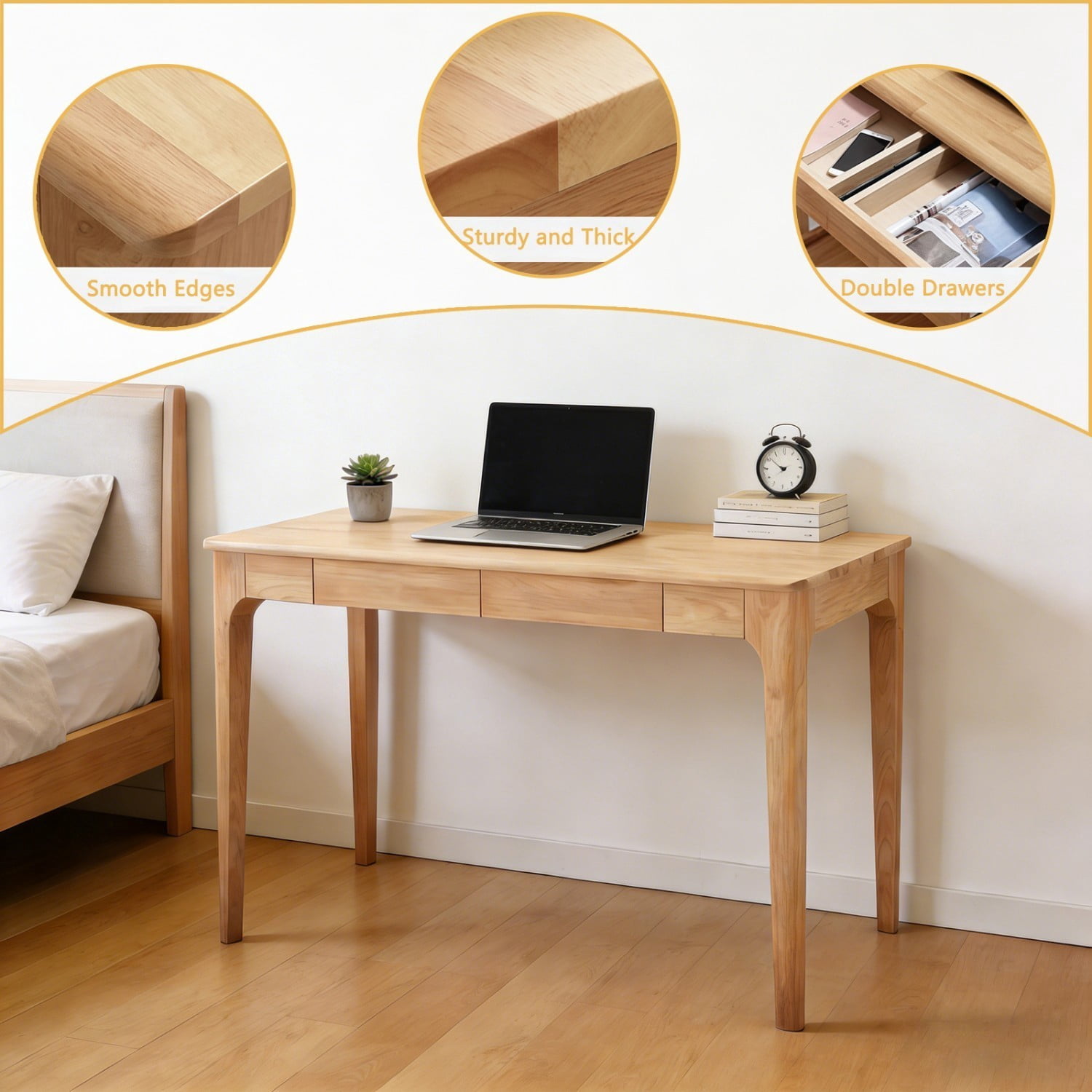 Solid Wood Desk with Drawers 47" Mid Century Modern Writing Desk Home Office Study Table for Bedroom Living Room, Wood