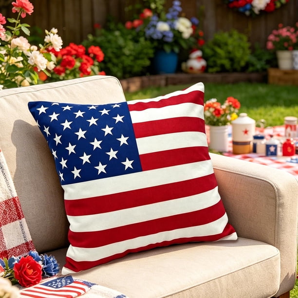Funda de Cojín Patriótica con Diseño de Bandera de Lazo y Estrella – Funda de Almohada Lumbar Decorativa para El Día de La Independencia, Decoración Del Hogar, Sofá, Cama y Uso En Exteriores.