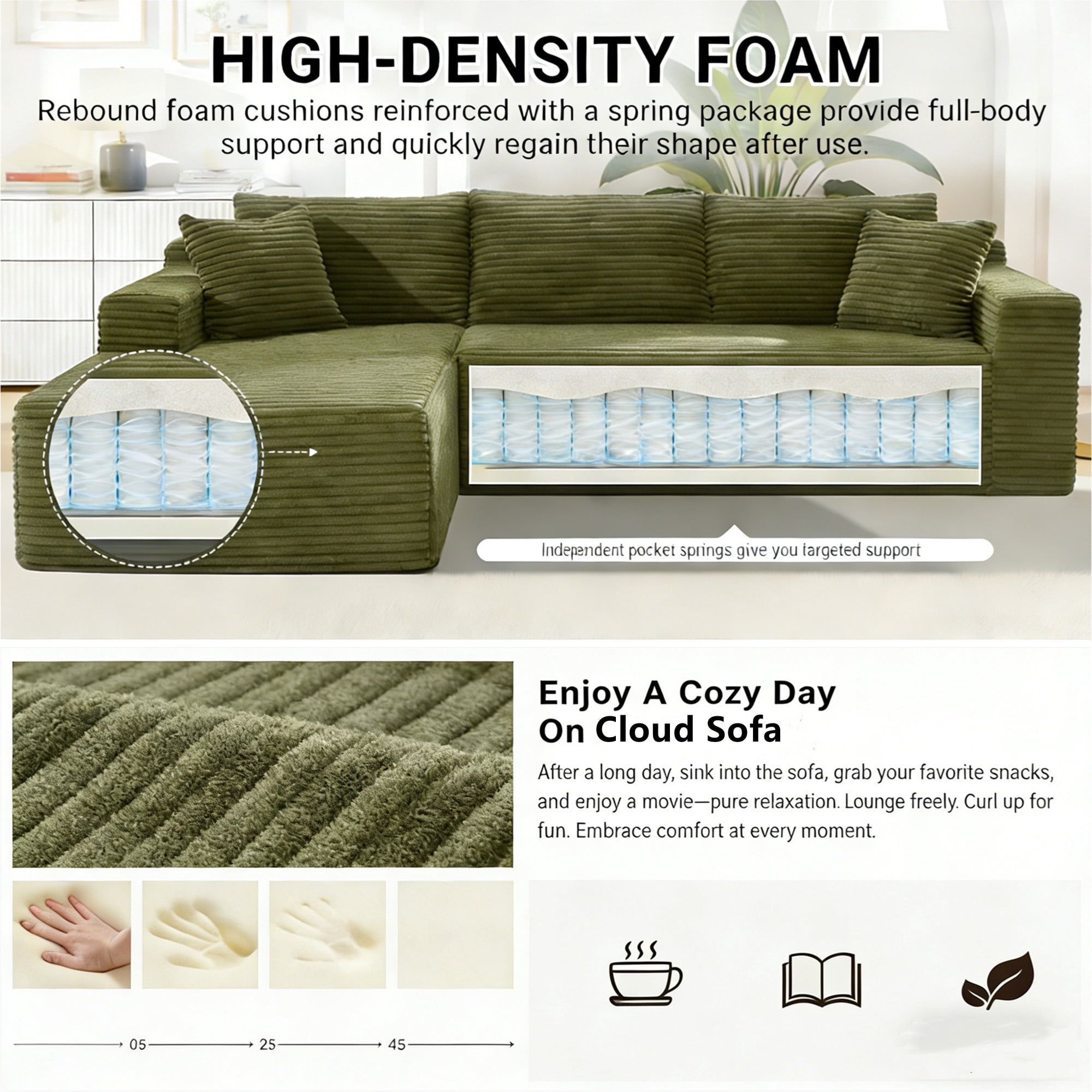 Aukfa 105" Cloud Sectional Sofa Boneless Couch Modular Sofa Bed for Living Room, 2Pillows, Left Chiase, Corduroy, Green