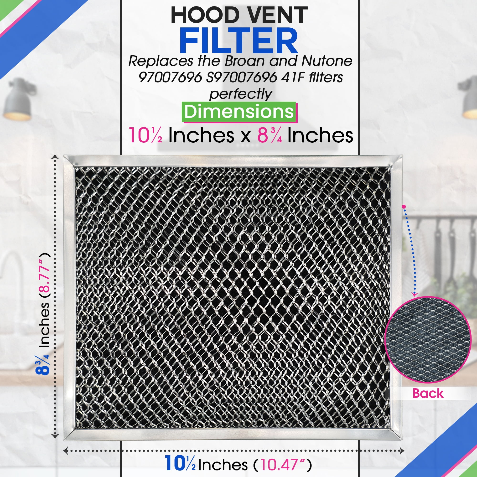 Range Hood Filter Replacement 10.5" x 8.8" for 41F 97007696 Broan Charcoal Grease Filter Combo - Ductless Hood Filter - Metal Mesh Screen Filters Grease and Carbon Freshens Kitchen Air (2-Pack)
